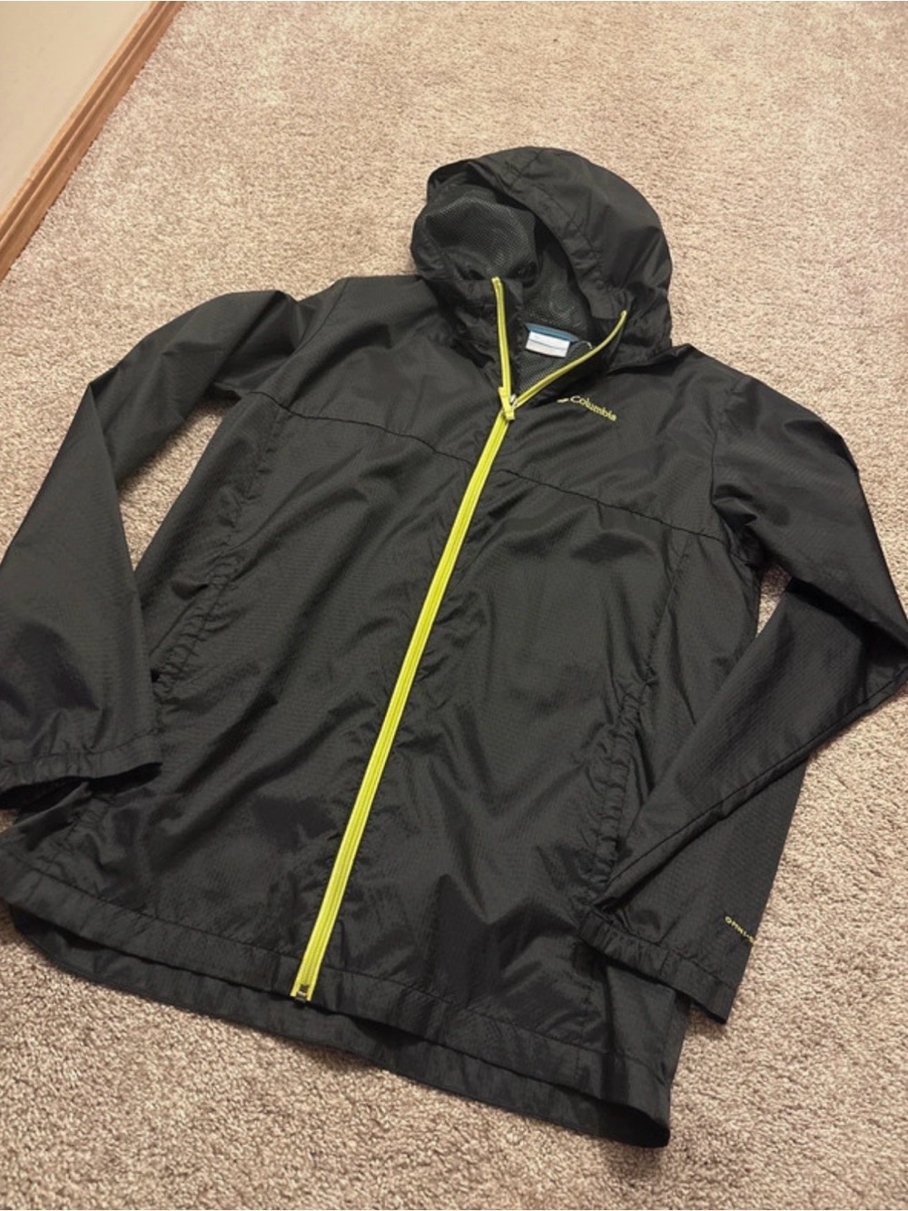 Columbia Kids Black Hooded Rain Jacket with Yellow Zipper